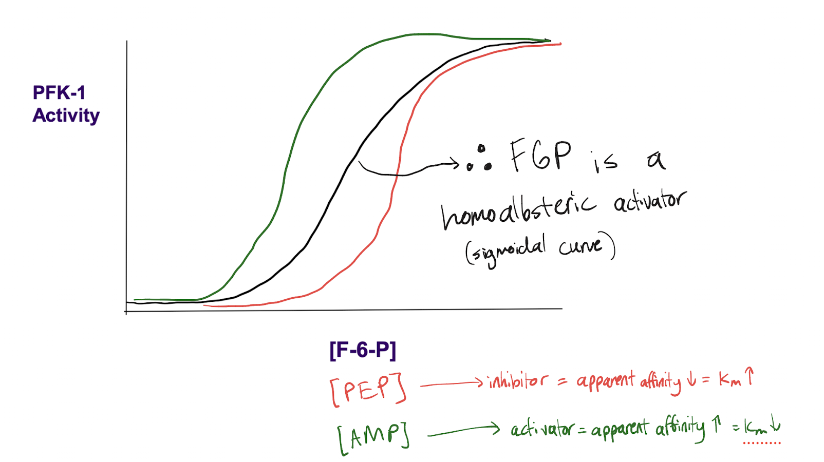 <p>Graph: sigmoidal (F6P is a homoallosteric activator of PFK-1)</p><p>With PEP: allosteric inhibitor → decreases F6P affinity, graph shifts right</p><p>With AMP/ADP: allosteric activator → increases F6P affinity, graph shifts left</p>