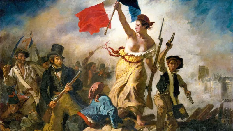 <p>considered Romantic; liberty is personified; an allegory to workers in the back; cap is a symbol of liberty; triangular composition</p>