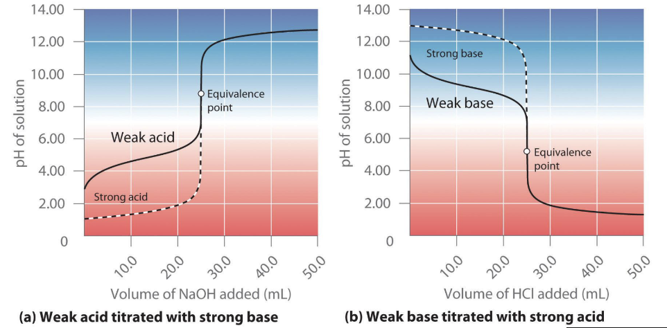 <ul><li><p>They are slightly above or below standard equivalence at a pH of 7.</p></li><li><p>They also contain buffering regions before the equivalence point that resist sharp changes in pH.</p></li><li><p>Mid-equivalence point (middle of buffer region), pH = pKa or pOH = pKb</p></li></ul><p></p>