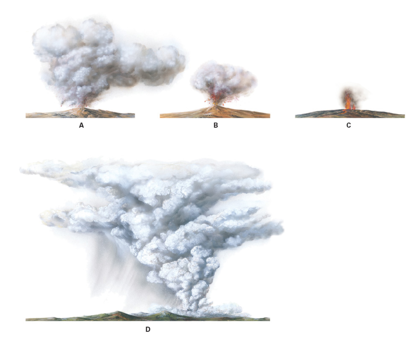 <p><span>Explosive eruptions can vary in size from small fire fountains to enormous convective clouds that can travel to 10’s km height in the atmosphere. Geologists use the terms plinian, vulcanian, strombolian, and Hawaiian to describe the size and character of explosive eruptions. Match the term with the appropriate image.</span></p>