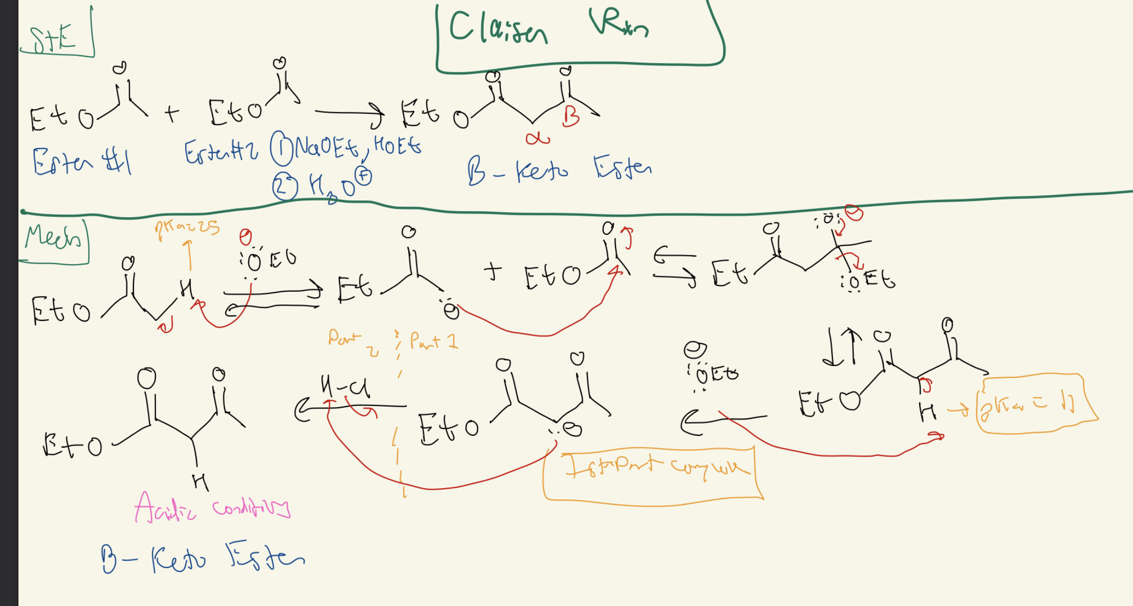 <p>2) Reagent: <strong>Claisen Reaction</strong></p><p>1) NaOEt, HOEt</p><p>2) H3O+</p>