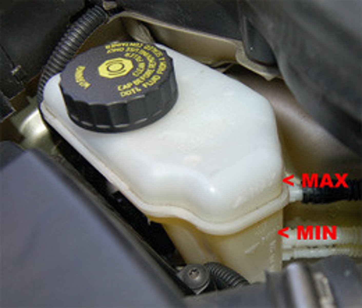 <p>Identify the brake fluid reservoir and check the level against the minimum and maximum level markings.</p>