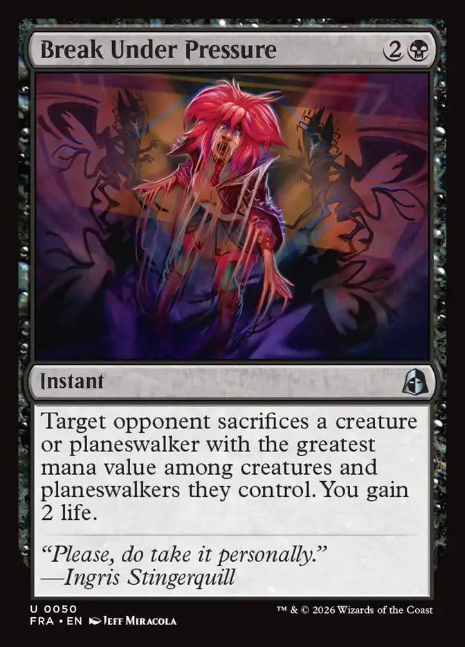 <p><span>Target opponent sacrifices a creature or planeswalker with the greatest mana value among creatures and planeswalkers they control. You gain 2 life.</span></p>