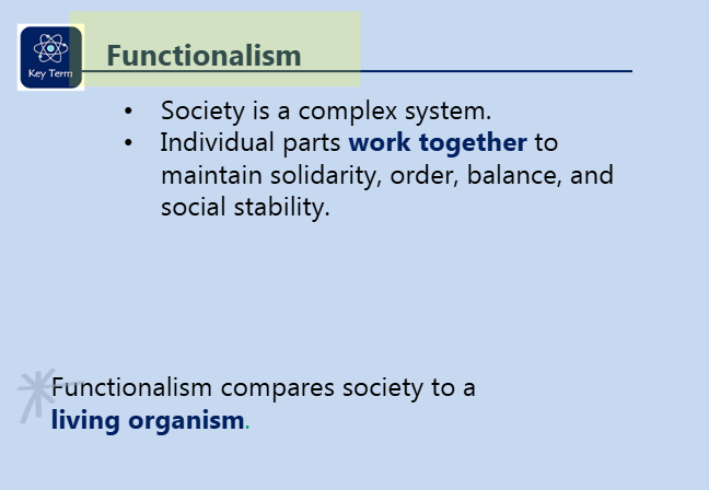 <p>sociology theory: Functionalism</p>