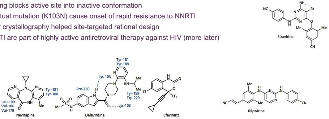 <p>Hydrophobic molecules that bind to allosteric binding in reverse transcriptase, a site other than the active site </p><ul><li><p>Binding blocks active site into inactive conformation</p></li><li><p>Punctual mutation (K103N) cause onset of rapid resistance to NNRTI</p></li><li><p>X-ray crystallography helped site-targeted rational design</p></li><li><p>NNRTI are part of highly active antiretroviral therapy against HIV</p></li></ul><p></p>