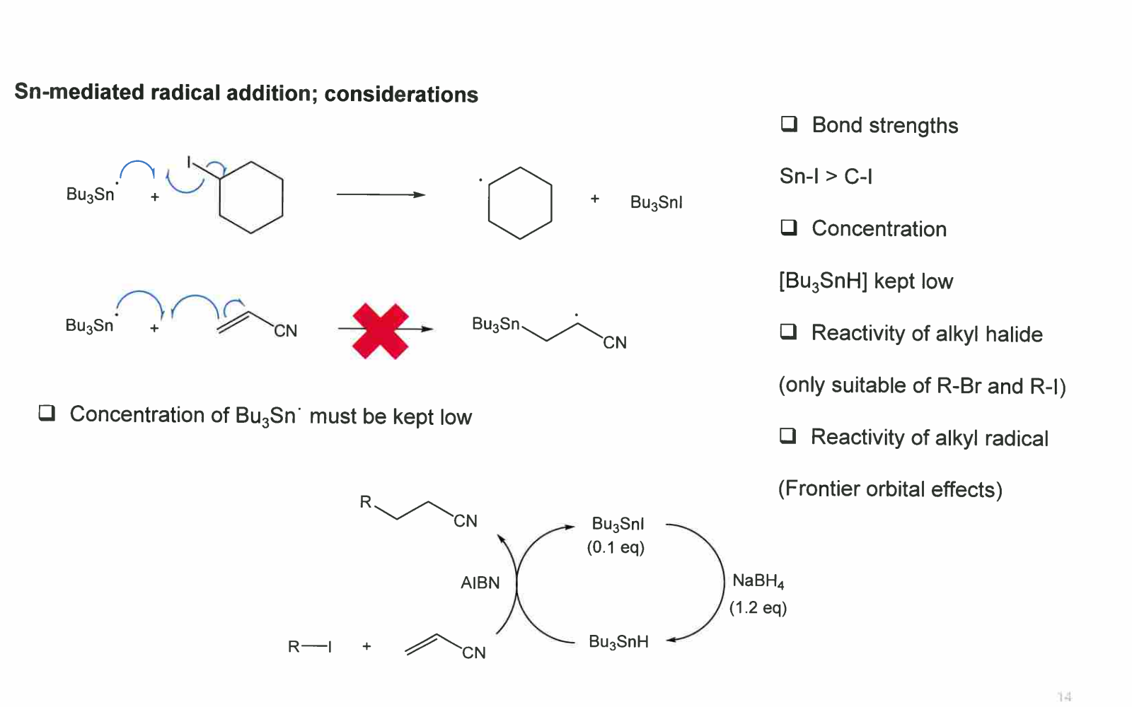 <p>the bu3 group is meant to just steal the I, its not meant to react with the alkene, the alkene is meant to have the R group, being the benzene here. but if bu3 conc was high u have the red reaction happening which we avoid. so u wanna keep conc low.</p><p>only suitable for R-Br and R-I</p>