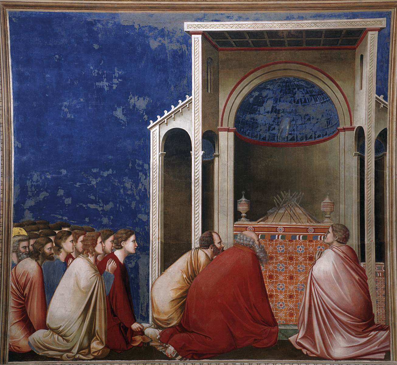 <ul><li><p>Depicts the men descended from the Tribe of David of marriageable age, praying before the altar in the hopes that their respective sticks will bloom at the sight of the Virgin Mary so that they will be the husband of her</p></li></ul><p></p>