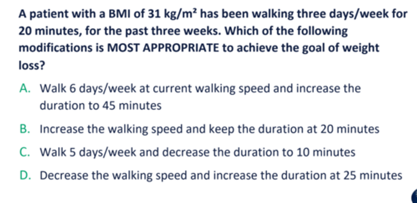 <p>Walk 6 days/week at current walking speed and increase the duration to 45 minutes</p>
