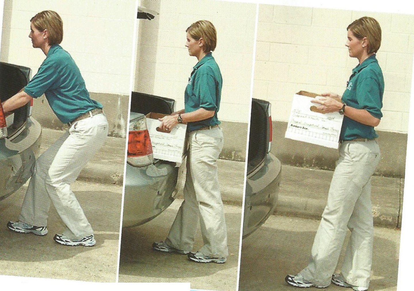 <p>both feet remain on the ground with knees extended and spine neutral, flexion only at the hips</p>