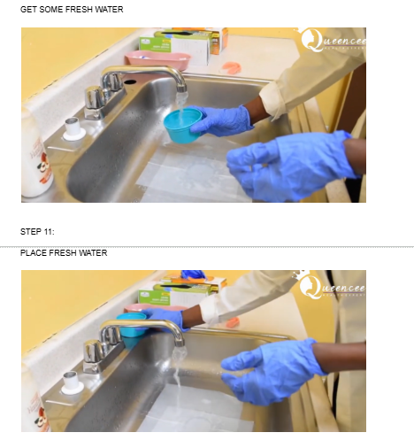 <p>RINSE AND DENTURE CUP AND FILL IT WITH FRESH WATER</p>