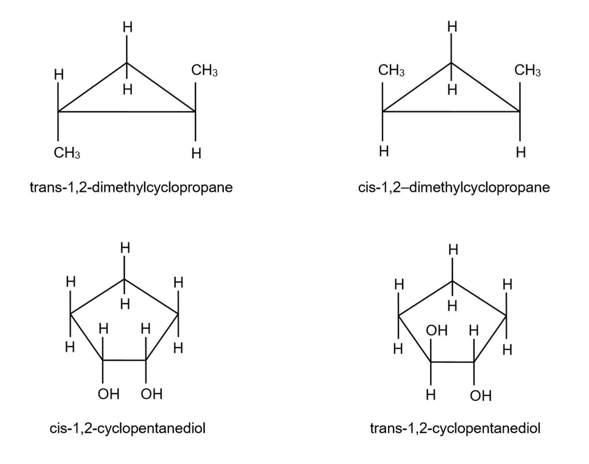 <ul><li><p>atoms joined in a ring are not free to rotate around the sigma bonds of the ring ⇒ ring takes the place of the rigid double bond</p></li><li><p>two substituents on adjacent (side-by-side) carbon atoms of a cyclic compound ⇒ cis-trans isomerism</p></li></ul><p></p>