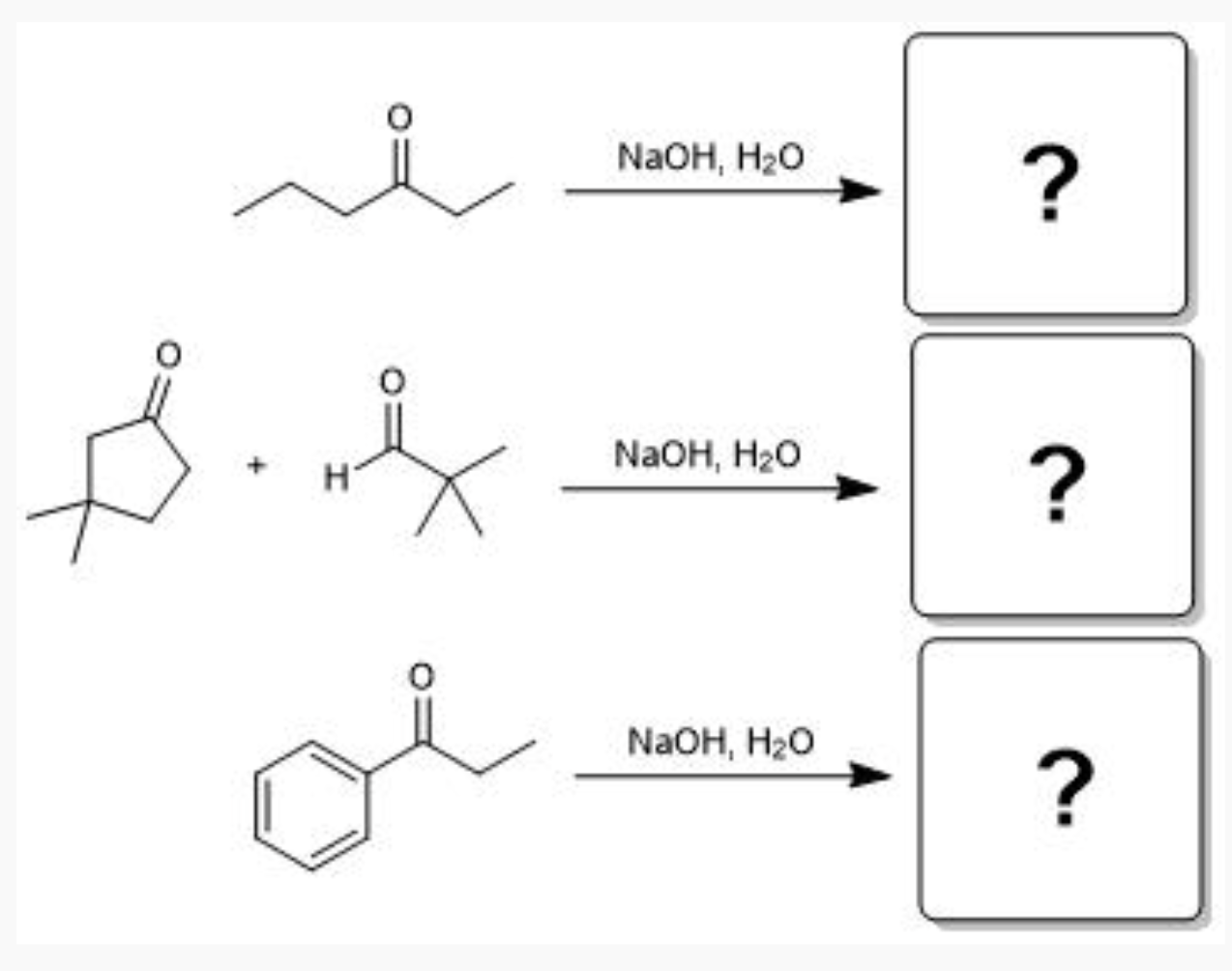 <p>Provide skeletal structures of the aldol products that form when the following compounds or mixtures of compounds are reacted under basic (NaOH) conditions: </p>