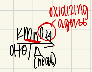 <p>K+MnO<sub>4</sub>-/OH-/Heat</p><ul><li><p>only works in the presence of Hydrogens off of the alpha carbon!</p></li><li><p>creates carboxylic acids </p></li></ul><p></p>