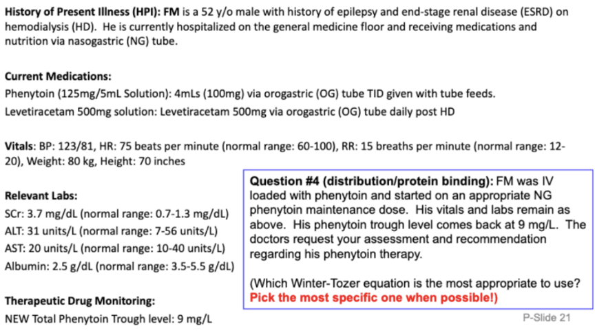 <ul><li><p><span style="background-color: transparent;"><strong>Corrected PHT (mcg/mL) = (Observed Total PHT (mg/L)) / [(0.1xalbumin g/dL) + 0.1]</strong></span></p></li><li><p><span style="background-color: transparent;">_____<strong> / [(0.1 x </strong>_____<strong>) + 0.1] = </strong>_____<strong> (Total phenytoin in blood = </strong>_____<strong> mg/L) → </strong>_____</span></p></li></ul><p></p>