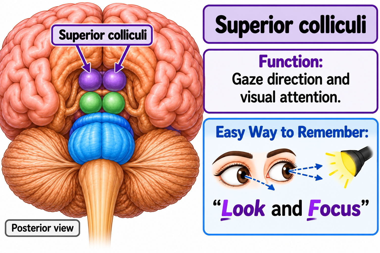 <p><strong>2 Main Functions to Memorize</strong></p><ol><li><p><strong>Gaze Direction – Helps move your eyes toward something you want to look at.</strong></p></li><li><p><strong>Visual Attention – Helps direct your attention toward something you see.</strong></p></li></ol><p></p>