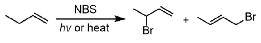<p>replaces allylic H with Br</p><p>can have multiple products (major product most substituted)</p>