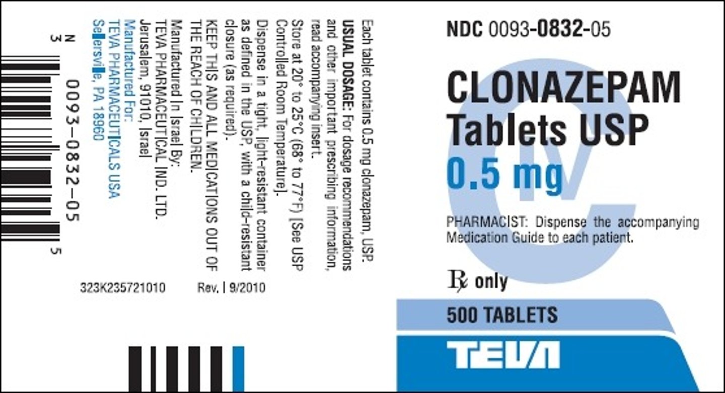 <p>Generic Name: Clonazepam</p><p>Therapeutic Class: Benzodiazepine</p><p>Indication: Anxiety</p>
