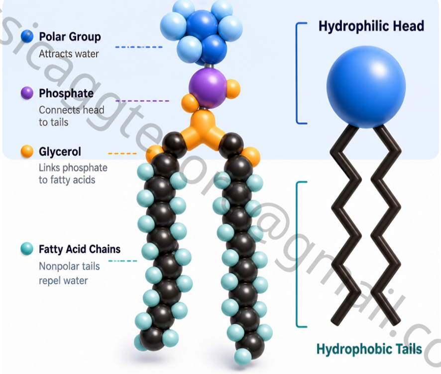 <ol><li><p>Polar groups </p></li><li><p>PO3</p></li><li><p>Glycerol</p></li><li><p>Fatty Acid chains</p></li></ol><p>1,2 Hydrophilic kasi polar</p><p>3,4 Hydrophobic kasi nonpolar</p>