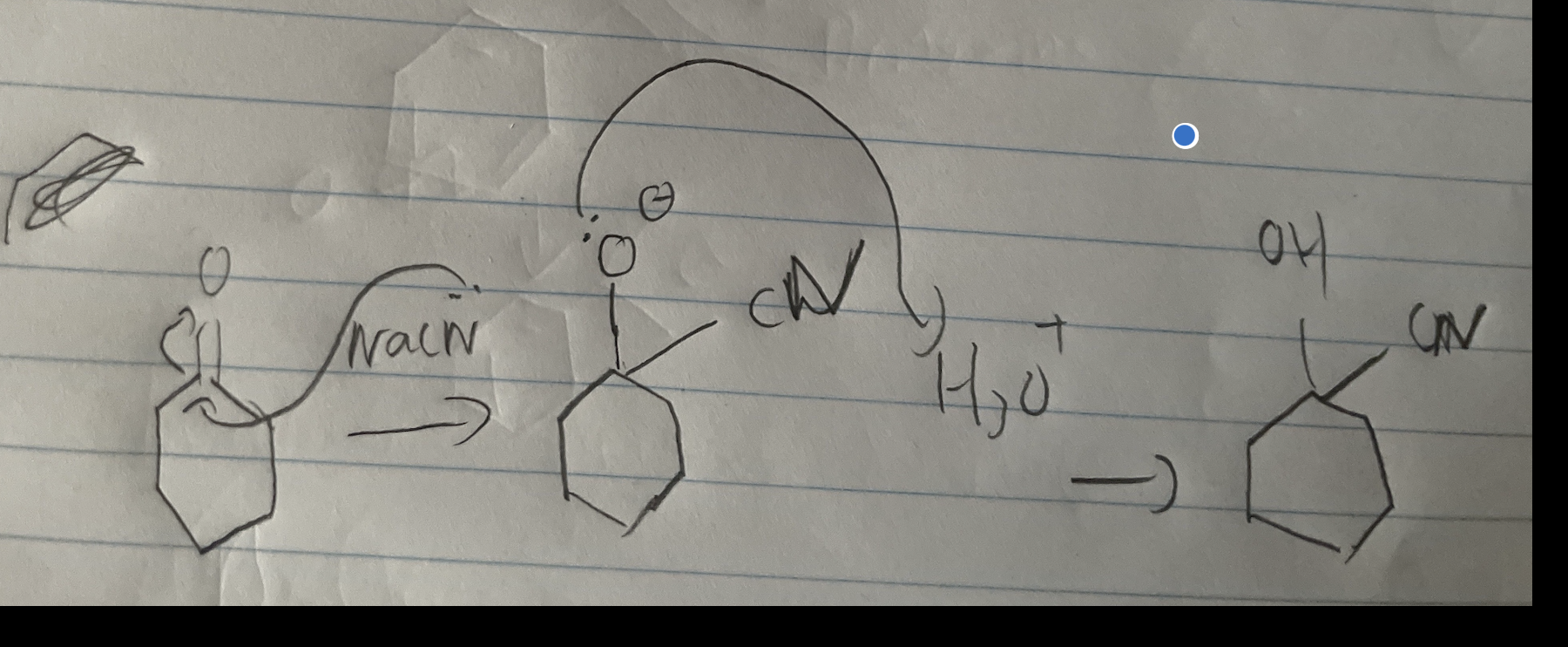 <p></p><p></p><p></p><p></p><ol><li><p>Nucleophilic attack (CN comes in)</p></li></ol><p></p><ol start="2"><li><p>Protonation or charged tetrahedral intermediate</p></li></ol><p></p><ol start="3"><li><p>Formation of product (H2O also?)</p></li></ol><p></p><p></p><p></p>