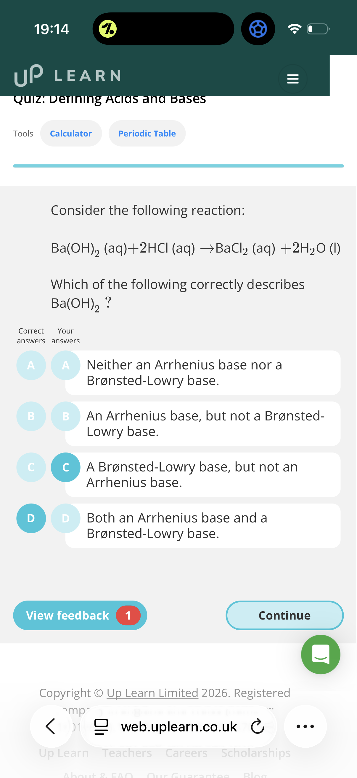 <ol><li><p>HNO3</p></li><li><p>Proton donor</p></li><li><p>Proton acceptor</p></li><li><p>Bron-low acid= nitric acid</p><p>Bron-low base=Calcium hydroxide</p></li><li><p>Bron-low acid= HCl</p><p>Bron-low base=Lithium hydroxide</p></li><li><p>Bron-low acid= hydroponic acid</p><p>Bron-low base=ammonia</p></li></ol><p>(NH3 gained a proton and became NH4 so is a base, whereas HBr donated a proton and became Br so is an acid)</p><ol start="7"><li><p>Bron-low acid= HBr</p><p>Bron-low base= water</p></li><li><p>Bron-low acid= water</p><p>Bron-low base= Carbonate ion</p></li></ol><p></p>