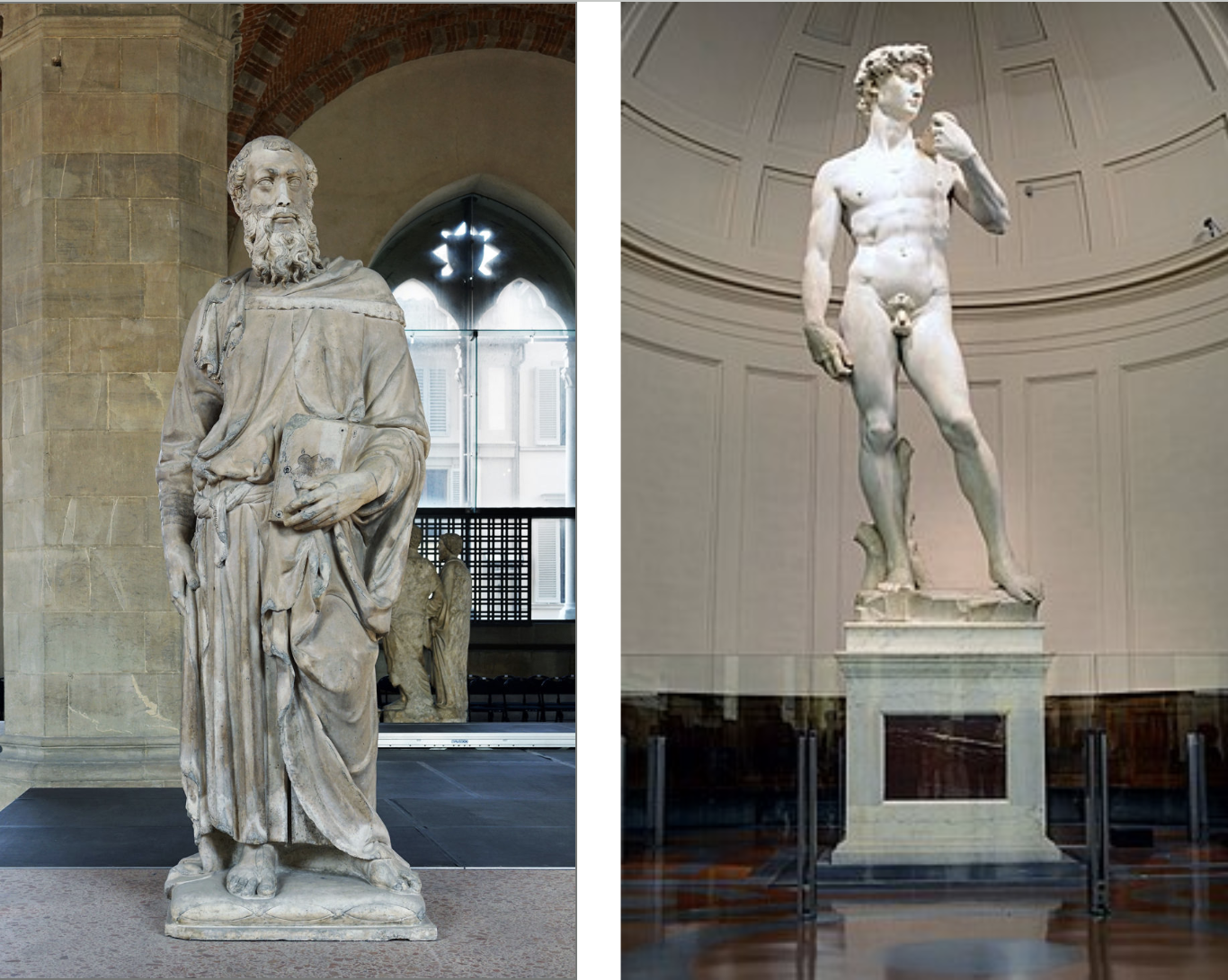 <p>St. Mark by Donatello (left) and David by Michaelangelo (right)</p>