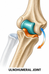 <p>Ulnohumeral joint (humerus trochlea + ulna olecranon/coronoid).</p>