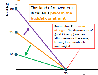 <ul><li><p>Change in <mark data-color="#ff1414" style="background-color: rgb(255, 20, 20); color: inherit;">PRICE OF GOODS</mark> </p></li><li><p><strong>INCOME </strong>stays constant </p></li></ul><p></p>