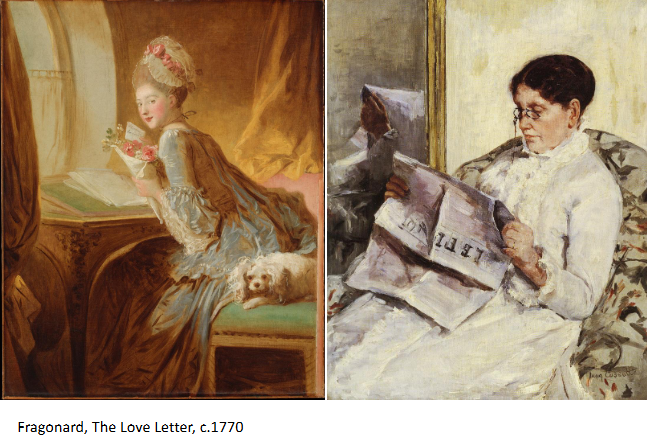 <p><strong>Similarities:</strong></p><ul><li><p>Both paintings show a woman reading in a private, domestic setting.</p></li><li><p>Both focus on quiet, intimate moments rather than public action.</p></li></ul><p><strong>Differences — Purpose of Reading:</strong></p><ul><li><p>In Fragonard’s <em>The Love Letter</em>, the woman reads a romantic letter, emphasizing flirtation and romance.</p></li><li><p>In Cassatt’s <em>Reading Le Figaro</em>, the woman reads a newspaper, showing intellectual engagement and awareness of the world.</p></li></ul><p><strong>Differences — Representation of Women:</strong></p><ul><li><p>Fragonard presents the woman as <strong>playful and flirtatious</strong>, designed to appeal to a male viewer.</p></li><li><p>Cassatt presents the woman as <strong>serious, focused, and independent</strong>, emphasizing her intelligence.</p></li></ul><p><strong>Differences — Meaning:</strong></p><ul><li><p>Fragonard’s work reflects <strong>Rococo ideals</strong>, where women are associated with romance and pleasure.</p></li><li><p>Cassatt’s work reflects <strong>modern and feminist ideas</strong>, showing women as thoughtful and socially aware.</p></li></ul><p><strong>Overall Idea:</strong></p><ul><li><p>Fragonard = woman as an object of romance</p></li><li><p>Cassatt = woman as an independent thinker</p></li></ul><p></p>