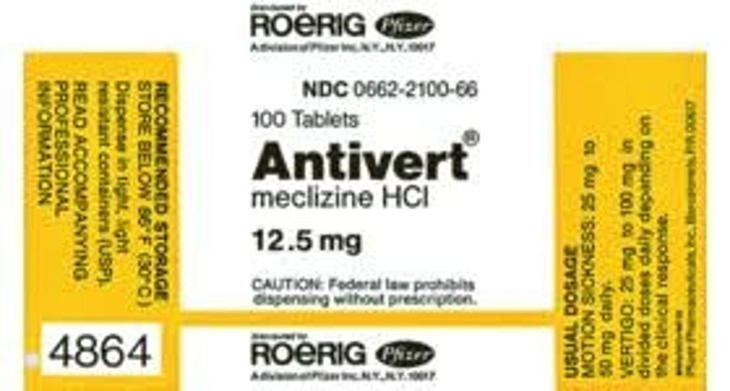 <p>Generic Name: Meclizine</p><p>Therapeutic Class: Antihistamine</p><p>Indication: Motion sickness and vertigo</p>