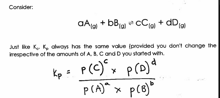 <p>Kp = partial pressures of products / partial pressures of reactants</p>