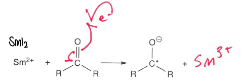 <p>Using a SmI2 reducing agent.</p><ul><li><p>The most stable resonance form has the negative charge on the oxygen.</p></li></ul><p></p>