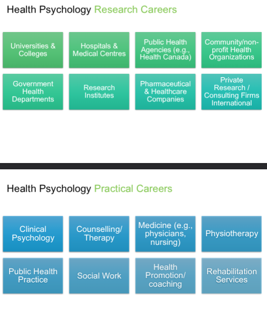 <p>research, practice- individual and community levels, work to prevent physical illness and work to promote health, treatment and adjustment of treating physical illnesses</p>