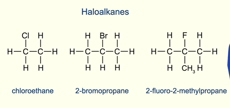 <p>A halogen atom bonded to alkane.</p><p>In the name, the halogen is the prefix followed by the parent alkane. (numbers used to show position of halogen functional group)</p>