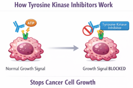 <ol><li><p>TKIs enter the cell membrane</p></li><li><p>Bind to the ATP binding site of tyrosine kinase (enzyme which is overactive in cancer cells) preventing it from working</p></li><li><p>Cancer cells would use this ATP for energy to active growth signals but without it the signalling pathway is blocked</p></li><li><p>Cancer cells cannot undergo replication causing apoptosis</p></li></ol><p></p>