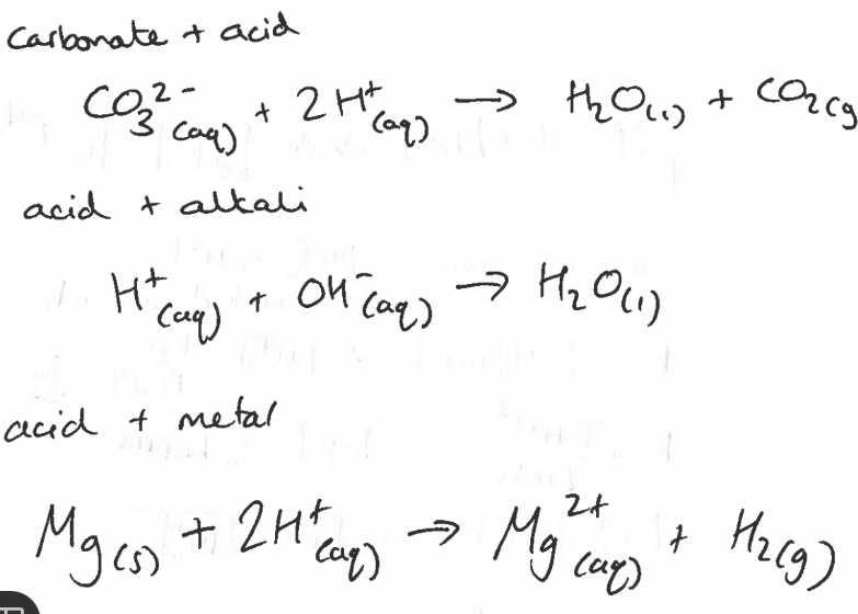 <p>ionic equations for a carbonate + acid, acid + alkali, acid + metal</p>