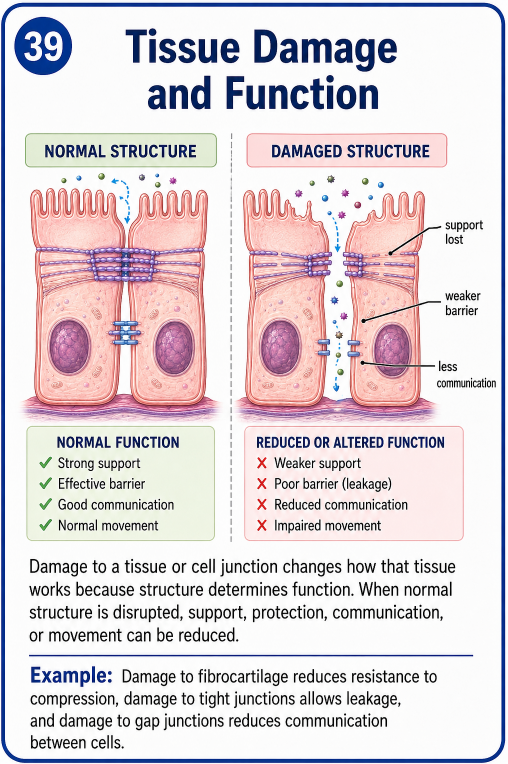 The effect of tissue damage depends on the normal function of that tissue. Damage that changes structure usually causes a reduction or loss of function. Example: Damage to fibrocartilage in an intervertebral disc reduces its ability to withstand compression while damage to reticular tissue can weaken an organ's internal supporting framework.