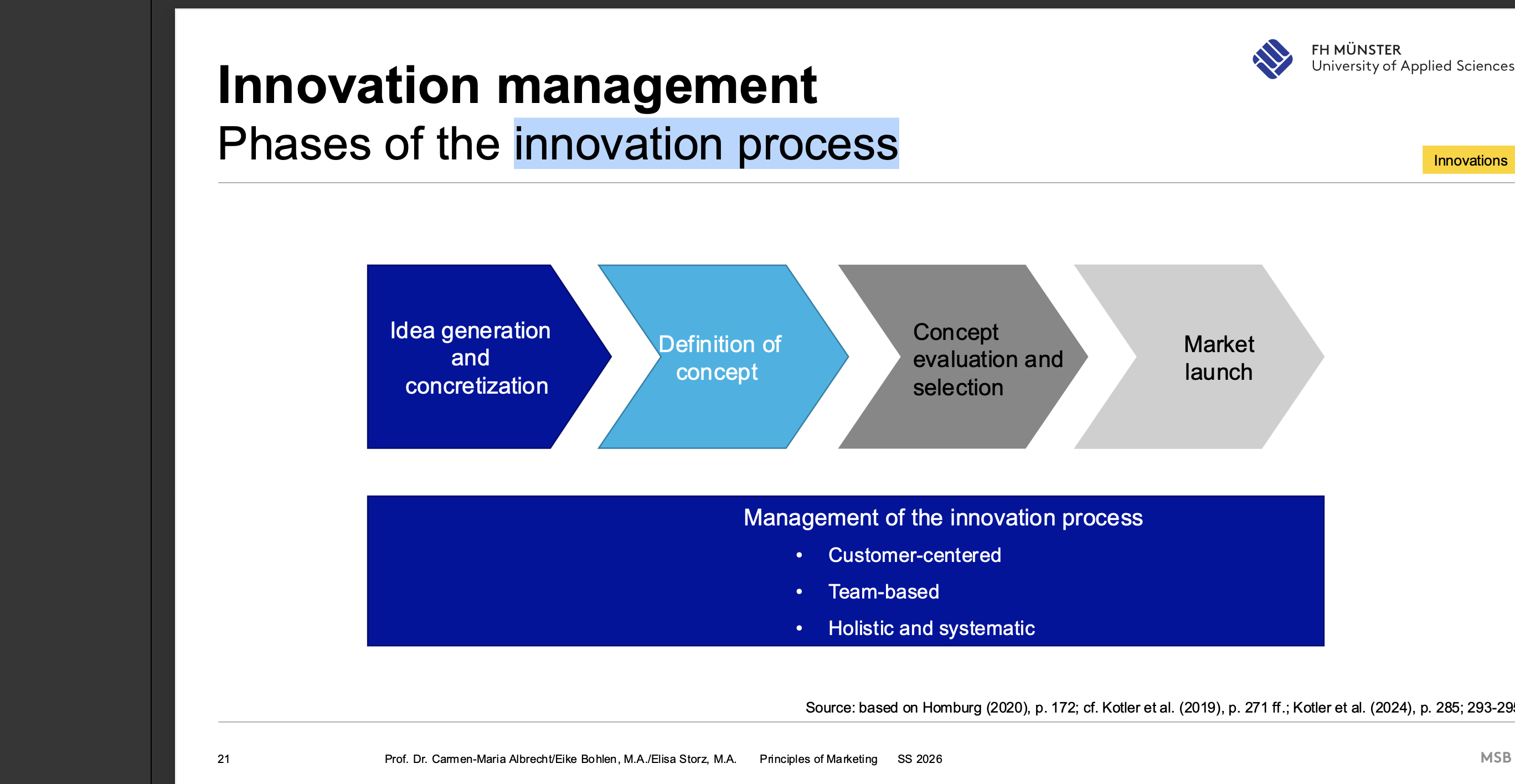 <ol><li><p>idea generation 2. idea selection 3. Product development and 4. market launch (Commercialization) </p></li></ol><p></p>