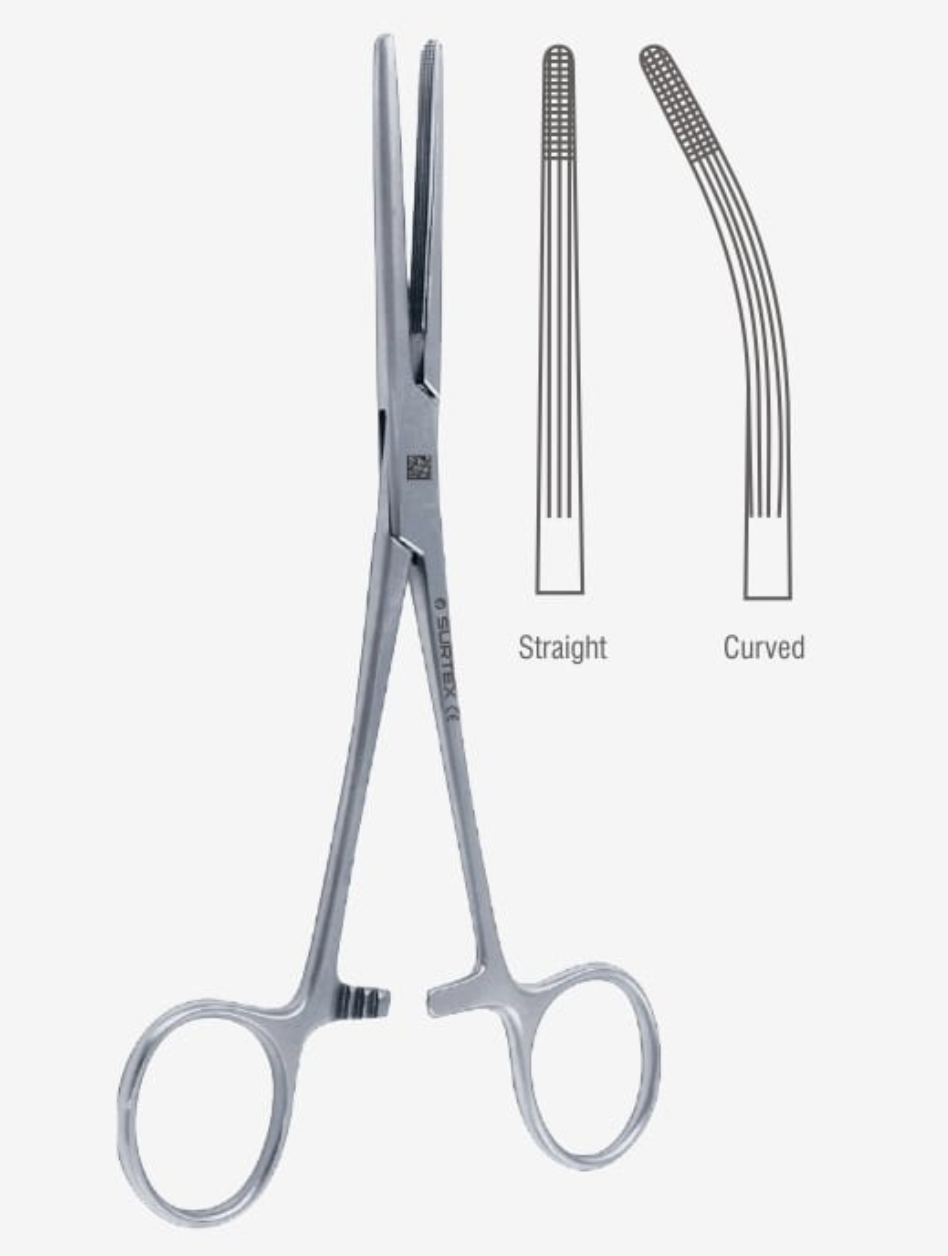<p>The jaws can be curved or straight. They have vertical serrations along the entire inside and horizontal serrations at the tip allowing for stronger grip. They are larger crushing forceps typically used for large tissue bundles and large vessels</p>