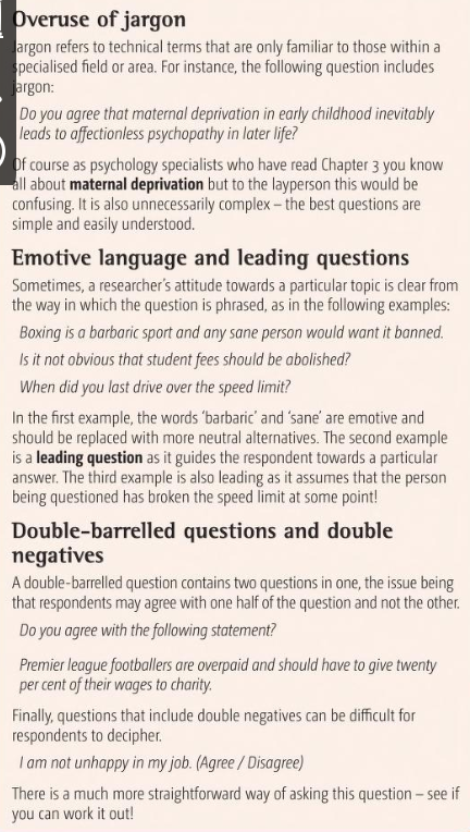 <p>1) Overuse of Jargon</p><p>2) Emotive Language</p><p>3) Leading Questions</p><p>4) Double-Barreled Questions</p><p>5) Double Negatives</p>