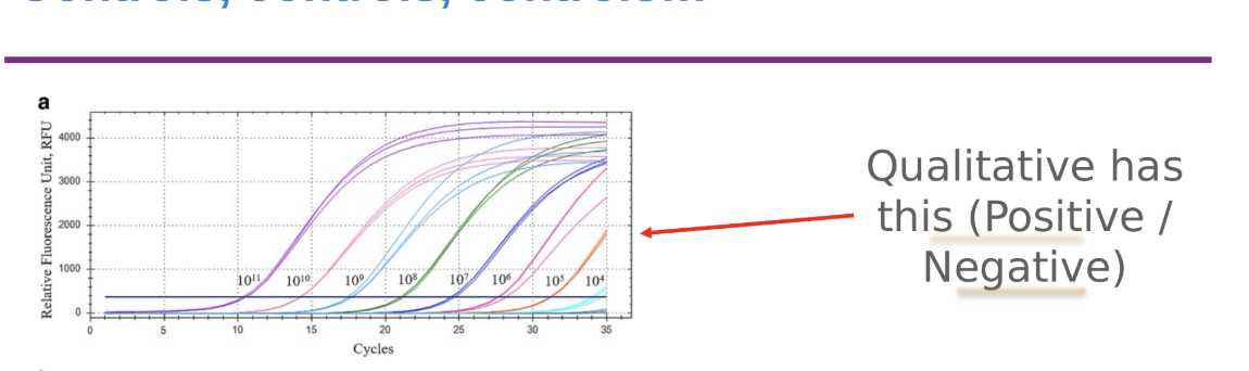 <ul><li><p>require +, - analytes and non-template control (NTC)</p></li><li><p>these show assay detects what it should, no false pos amplifications, and no contamination</p></li></ul><p></p>