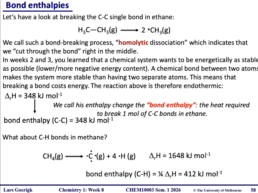 <p>energy required to break a bond is the bond enthalpy</p><ul><li><p>the process of breaking bond = homolytic dissociation</p></li></ul><p></p>
