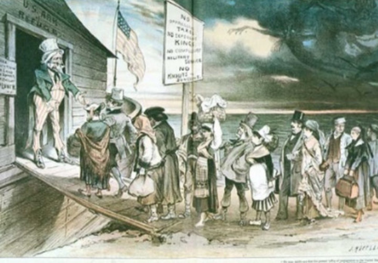 <p>Uncle Sam in the American Arch welcoming immigrants</p>