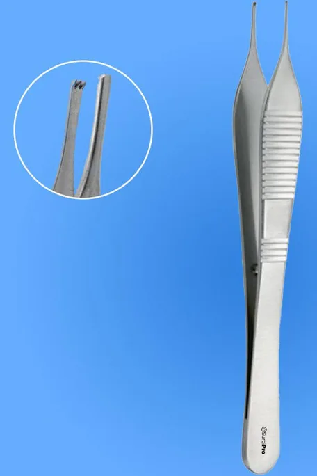 <p><span><mark>delicate thumb forceps featuring a single interlocking tooth on one tip and two on the other for a secure grip on tough or fibrous tissues</mark></span></p>
