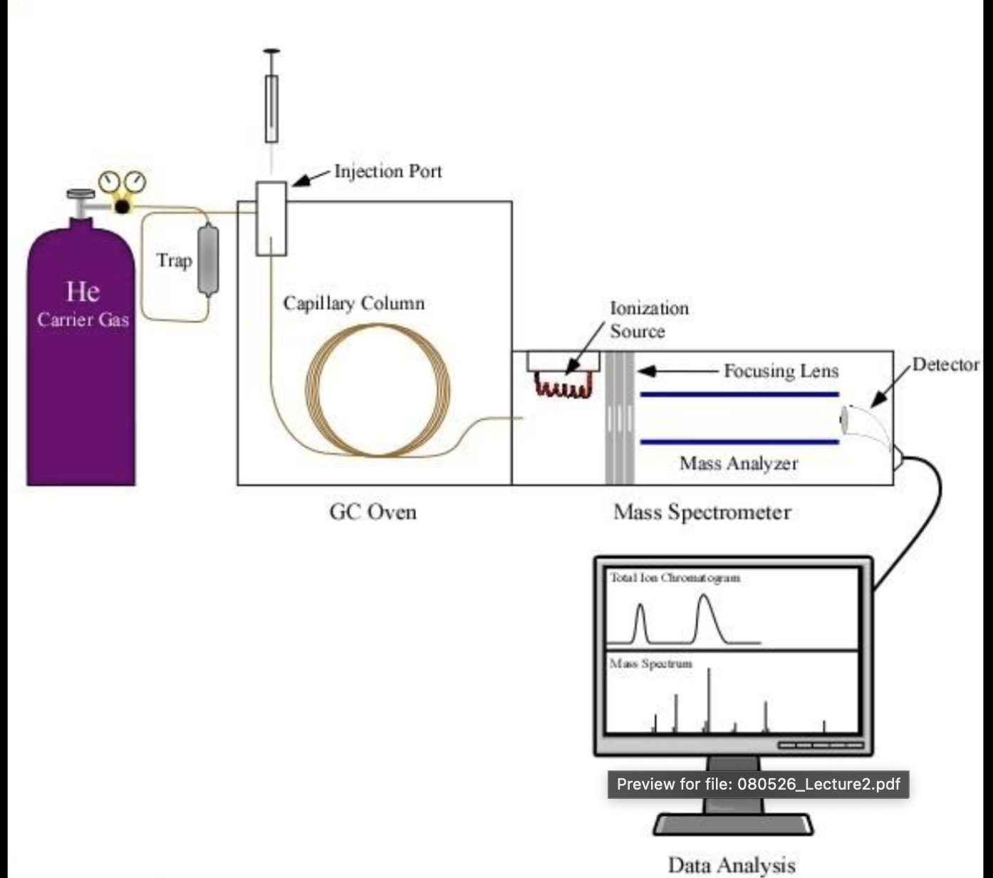 <p>used anytime you need to figure out what specific small molecules are in a sample (better for small stuff, not big stuff like DNA)</p><ol><li><p>Inject liquid into port → turns into gas</p></li><li><p>Sample gas is pushed through a column using a different gas → its molecules stick differently.</p></li><li><p>Ones that stick better move through the column faster, the ones that don’t are delayed</p></li><li><p>MS blasts molecules with electrons → turns into fragments → fragments separated by mass → fragmentation pattern generated</p></li></ol><p></p>
