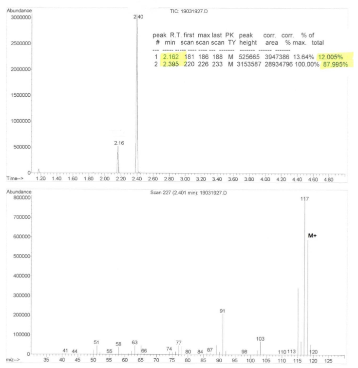 <ul><li><p>mass spec- measure the m/z of the ion ([M]+)</p></li></ul><p>GC:</p><ol><li><p>separate organic compounds based on volatile nature (~ boiling point)</p></li><li><p>the more volatile (~ lower BP) compounds reach the detector earlier, the less volatile the compounds later. time when the detector detects the compound is retention time (RT)</p></li><li><p>quantify of the compound = the “area-under-the-curve” of the peak</p></li></ol><ul><li><p>MS provides spectrum of abundance vs mass of ions generated during the analysis of the compound</p><ul><li><p>each compound will fragment in a pettern unique to that compound</p></li></ul></li><li><p>GC chromatogram: graph of abundance (total ion count) vs time (top of image)</p><ul><li><p>RT of the peak identifies pure compounds</p></li><li><p>integration of each peak (area % of total) can be used to determine the relative percent composition of each compound in mixture</p></li></ul></li><li><p>Mass spectra: abundance vs mass (mass/charge ratio) (bottom of image)</p><ul><li><p>each GC chromatogram peak will have a separate mass spectra</p></li><li><p>the likely molecular weight and fragmentation pattern can be used for product identification</p></li></ul></li></ul><p></p>