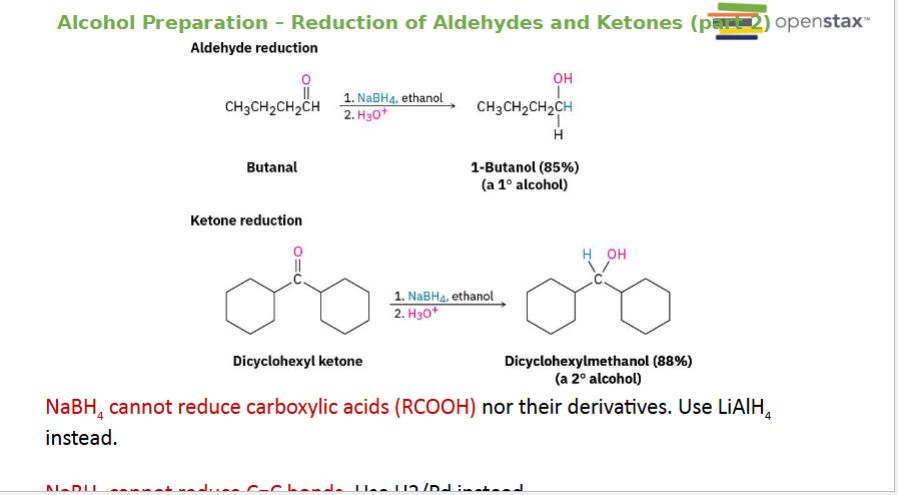 <ol><li><p><strong>NaBH4</strong>: Mild reducing agent. <strong>Reduces Aldehydes and Ketones</strong>. DOES NOT reduce Esters, Carboxylic acids or alkenes. <strong><u>The products</u></strong>: <strong>Aldehyde </strong>turns into <strong>Primary </strong>Alcohol, <strong>Ketone </strong>turns into <strong>Secondary </strong>alcohol</p></li></ol><p></p>