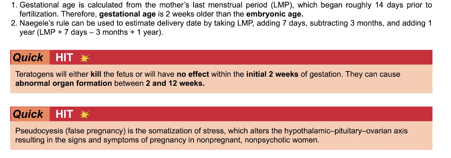 <ul><li><p>Gestational age is calculated from mothers LMP (usually 2 weeks prior to fertilization)&nbsp;</p></li></ul><ul><li><p class="p1">Gestational age is usually 2 weeks older than the embryonic age&nbsp;</p></li></ul><p class="p2"></p><p class="p1">Naegele’s rule can estimate delivery date</p><ul><li><p class="p1">(LMP+7 days- 3months + 1 year)</p></li></ul><p class="p2"></p><p class="p1">Teratogens will either kill the fetus or have no effect within the initial 2 weeks of gestation.&nbsp;</p><ul><li><p class="p1">They cause abnormal organ formation between 2-12 weeks</p></li></ul><p></p>