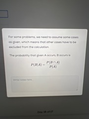 <p>P(B|A) = P(A and B) / P(A)</p>