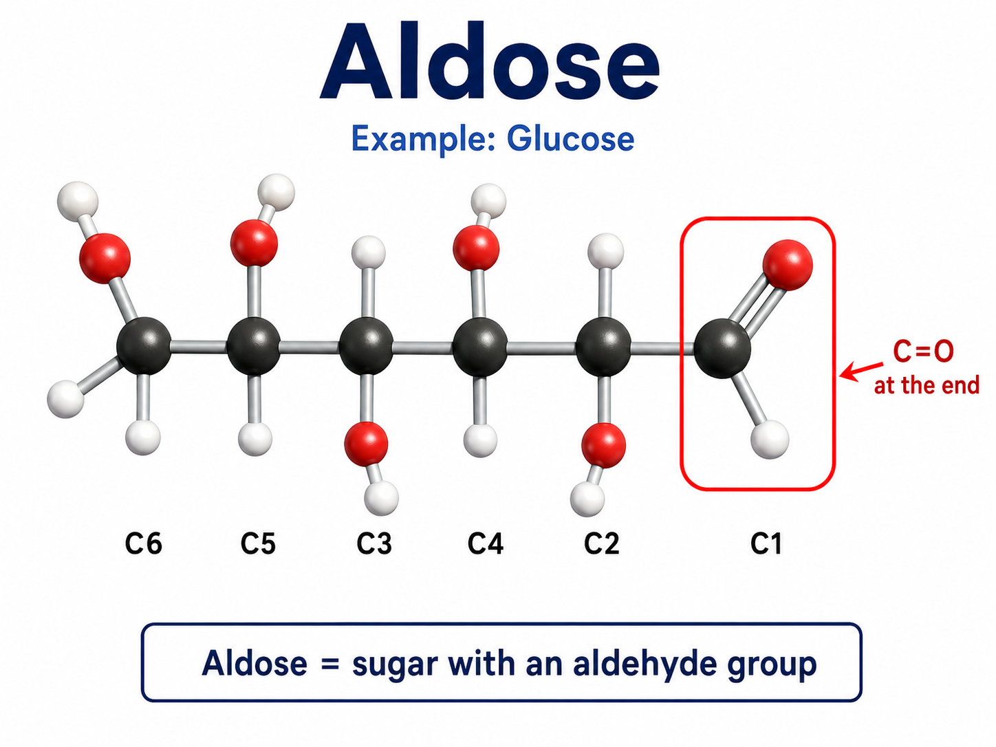 <p></p><p>A sugar with an <strong>aldehyde group</strong>.<br><strong>Easy clue:</strong> <strong>C=O at the end</strong>.</p><p>The <strong>O stands for oxygen</strong>. <span data-name="check_mark_button" data-type="emoji">✅</span></p><p>So in <strong>C=O</strong>:</p><ul><li><p><strong>C = carbon</strong></p></li><li><p><strong>O = oxygen</strong></p></li><li><p><strong>=</strong> means a <strong>double bond</strong></p></li></ul><p>So <strong>C=O = carbon double-bonded to oxygen</strong>.</p>