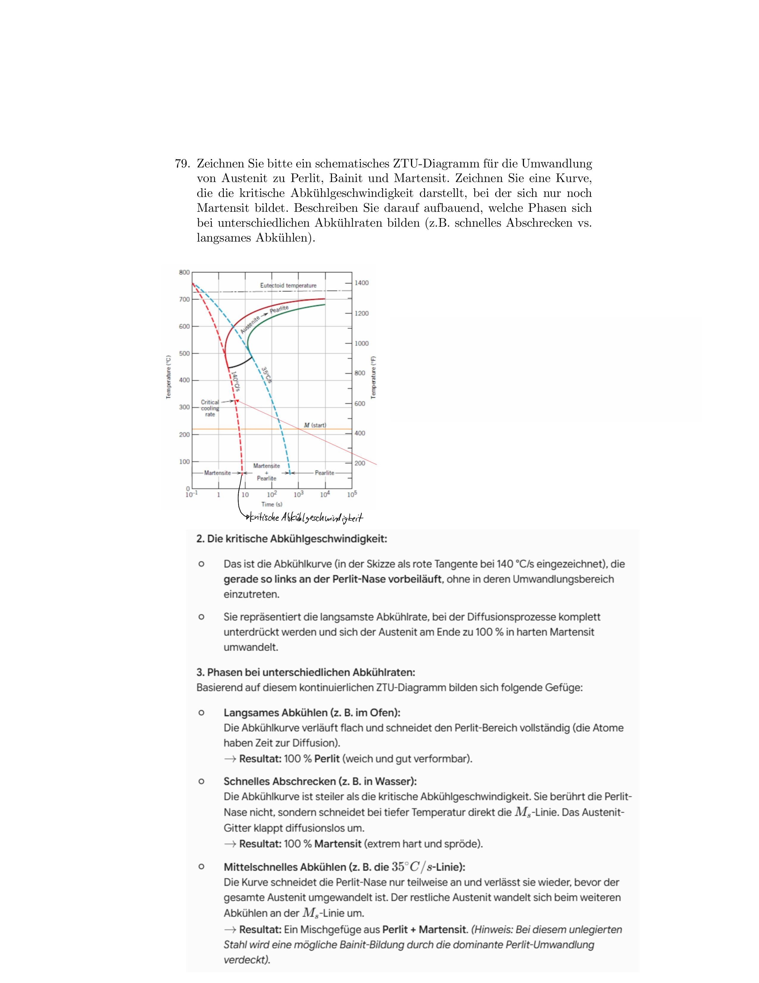 <p>Es werden verschieden Phasen gebildet werden, diese sind abhängig von der Abkühlungsrate. </p><ul><li><p>schnelles Abschrecken → 100% Martensit, die Anfangskurve für die Bildung von Perlit oder Bainit wird nicht erreicht</p></li><li><p>Langsames Abkühlen: 100% Perlit → wie in der Abbildung zu erkennen</p></li></ul><p></p><p>Bei der kritischen Abkühlungsgeschwindigkeit kann gerade noch Martensit gebildet werdne (pink in der Abb.)</p><p></p>